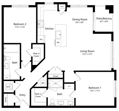 Two Bedroom Floor plan with 1,174 Sq. Ft.  at Parc at White Rock, Dallas, Texas